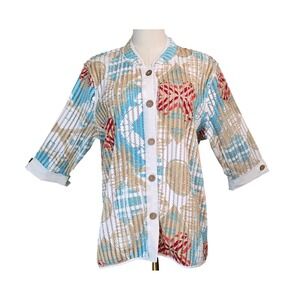 Multiples Womens Blue Tan‎ Geometric Mesh Button Up Top 3/4 Sleeve Size L